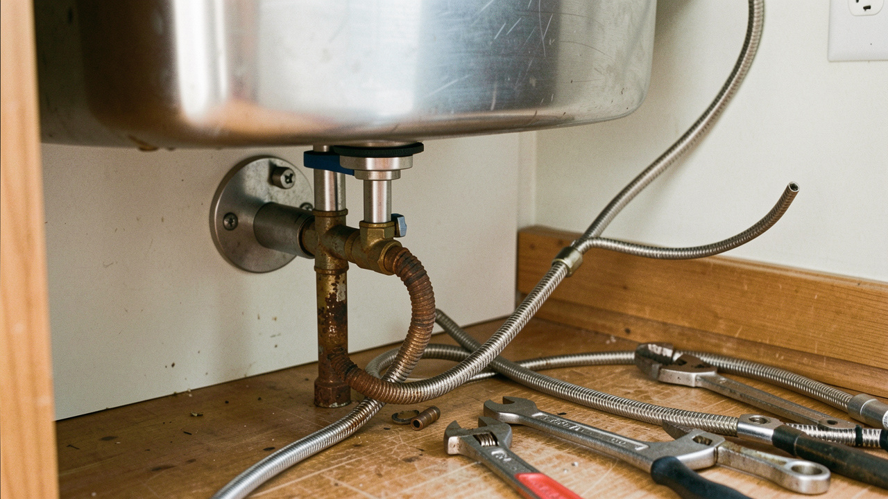 Remplacement d’un robinet de cuisine avec d’anciens flexibles rouillés et de nouveaux tuyaux tressés sous l’évier.