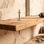 Gros plan sur une étagère en bois lourdement fixée au mur avec une cheville métallique, une vis, une perceuse et un niveau à proximité.