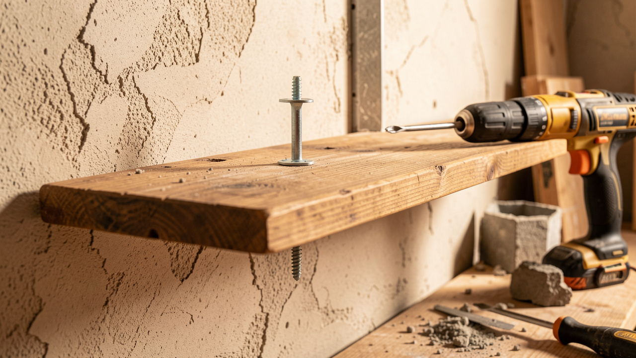 Gros plan sur une étagère en bois lourdement fixée au mur avec une cheville métallique, une vis, une perceuse et un niveau à proximité.