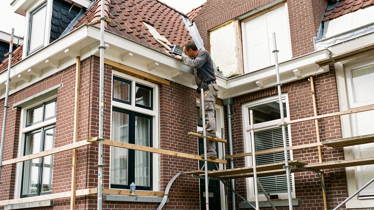Maison bruxelloise en rénovation avec un artisan inspectant la toiture, les fenêtres et les équipements techniques à la lumière naturelle.