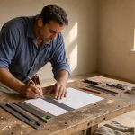 Un artisan prépare soigneusement un plan de rénovation dans une pièce vide, avec des outils rangés sur un établi et une lumière naturelle entrant par une fenêtre.