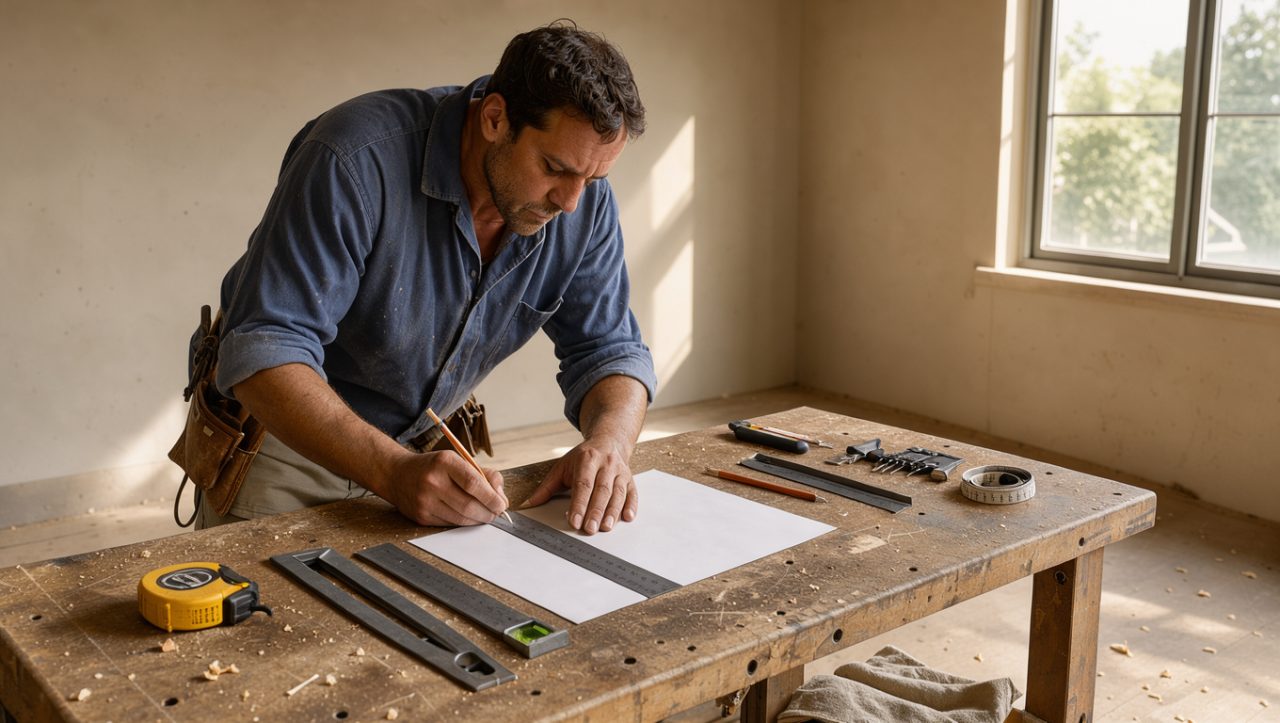 Un artisan prépare soigneusement un plan de rénovation dans une pièce vide, avec des outils rangés sur un établi et une lumière naturelle entrant par une fenêtre.