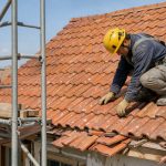 Maison en rénovation avec toiture en tuiles, échafaudage métallique et artisan inspectant la couverture par temps clair.
