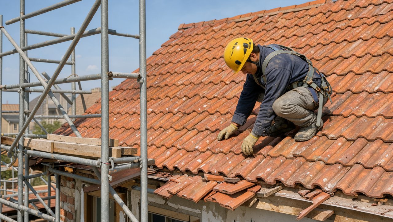 Maison en rénovation avec toiture en tuiles, échafaudage métallique et artisan inspectant la couverture par temps clair.