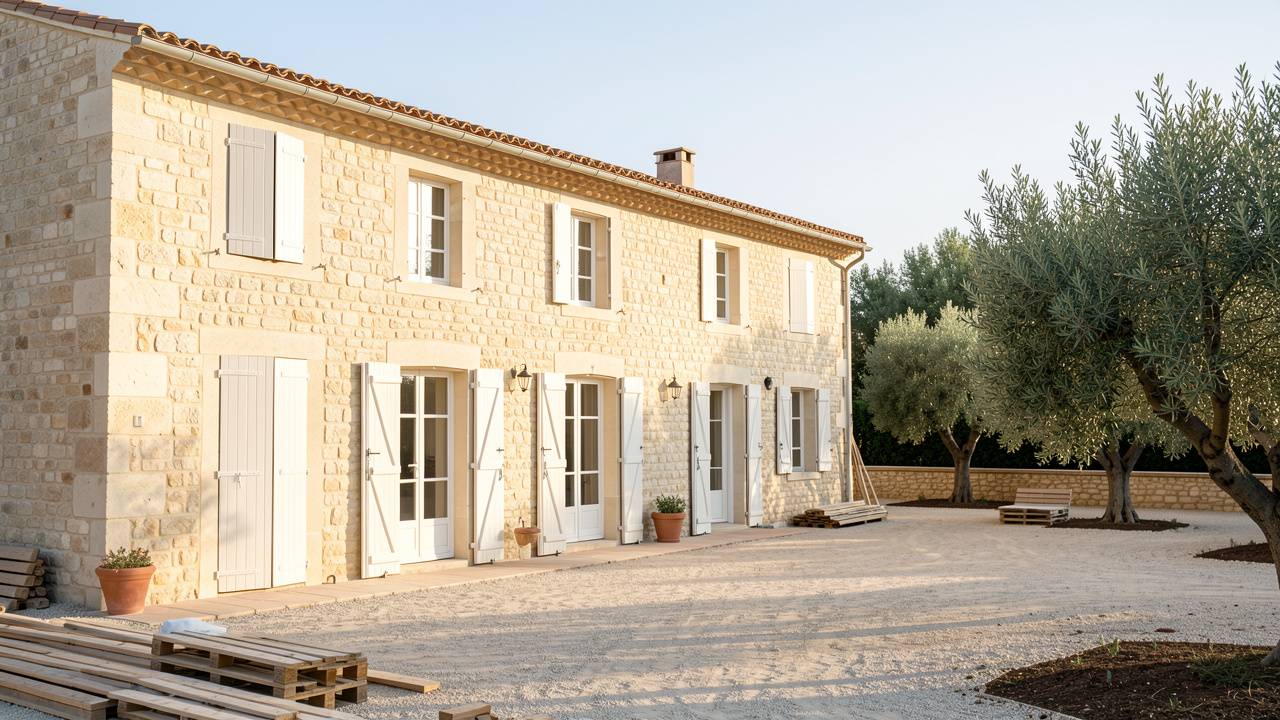 Maison ancienne rénovée dans le Sud de la France, avec une façade claire en pierre beige, un chantier propre et une lumière méditerranéenne.