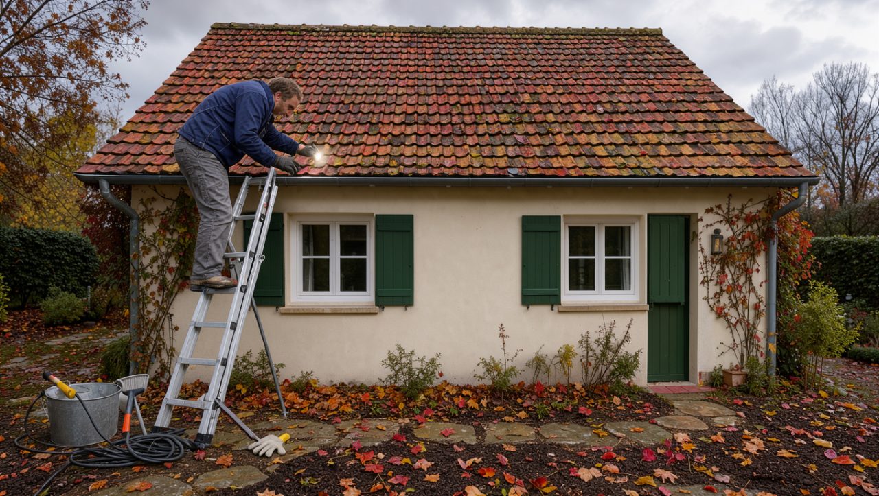 Maison individuelle au toit en tuiles inspectée avant l’hiver, entourée de feuilles d’automne sous un ciel nuageux.