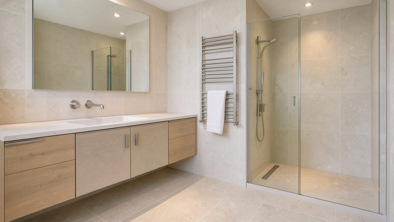 Salle de bains rénovée et lumineuse avec meuble vasque suspendu, douche vitrée moderne, sèche-serviettes et rangements intégrés.