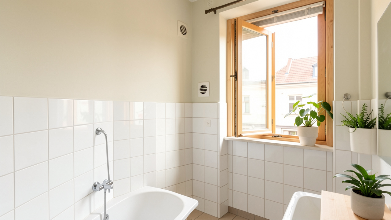 Salle de bains bruxelloise lumineuse et rénovée, avec murs sains, fenêtre ouverte et ventilation discrète.
